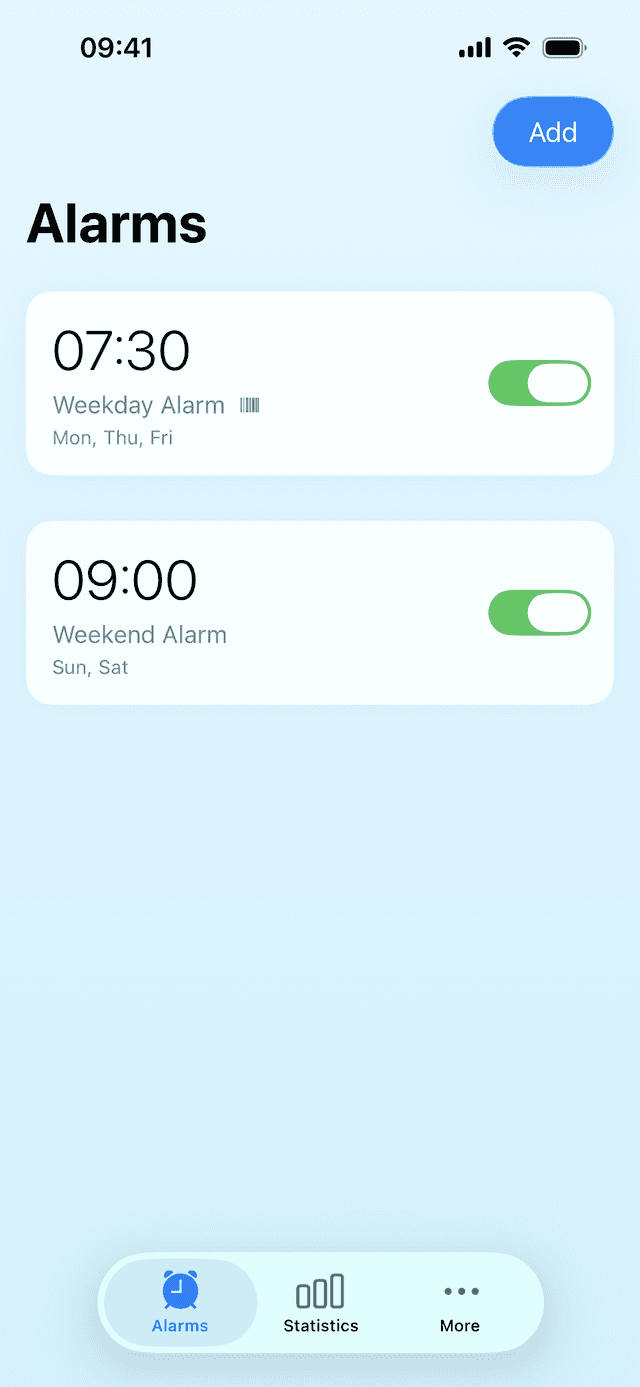 Unsnooze app showing alarms